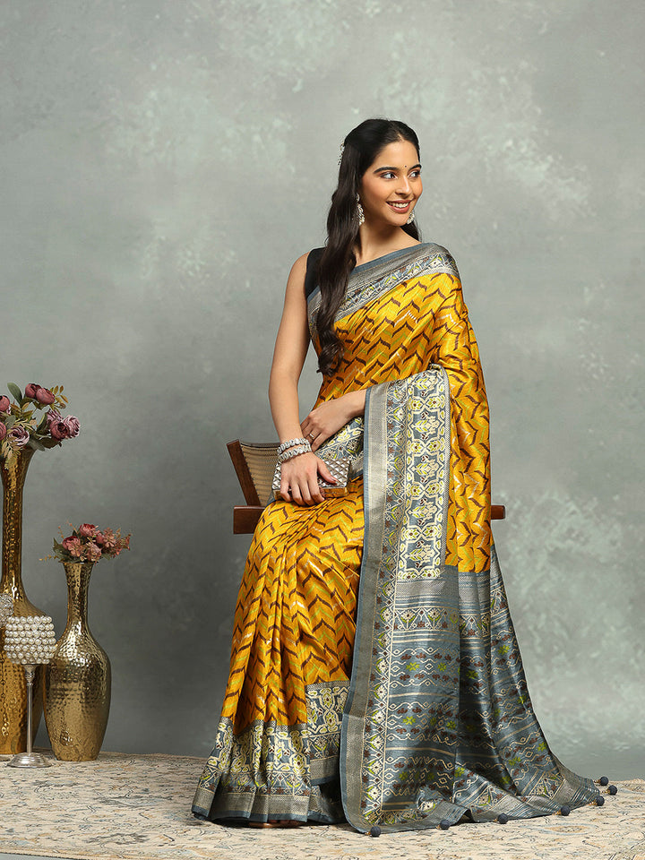 Digital Printed Art Silk Mustard Saree