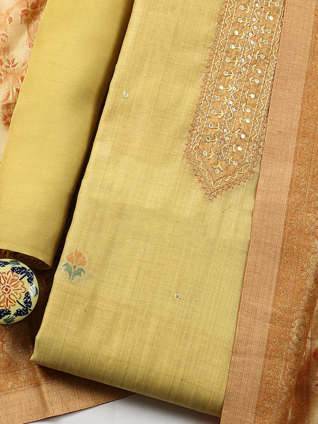 Embroidered Chanderi Unstitched Suit With Pant &amp; Dupatta