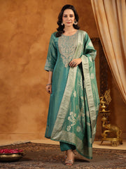 Neck Zari Embroidery Tissue Kurta With Pants & Dupatta