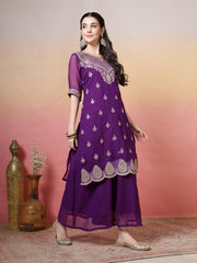Embroidered Georgette Kurta With Sharara & Dupatta