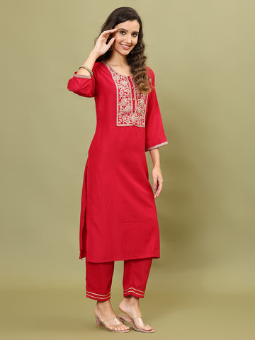 Neck Embroidery Cotton Blend Kurta With Pants & Dupatta