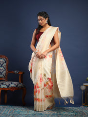 Floral Printed Tussar Unstitched Suit With Pant & Dupatta