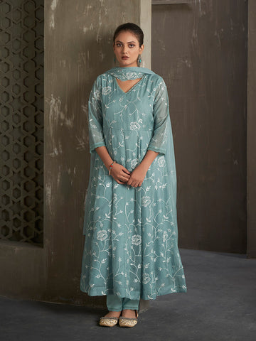 Embroidery Jaal Organza Kurta With Pants & Dupatta