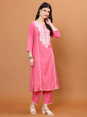 Resham Work Cotton Blend Kurti With Pants