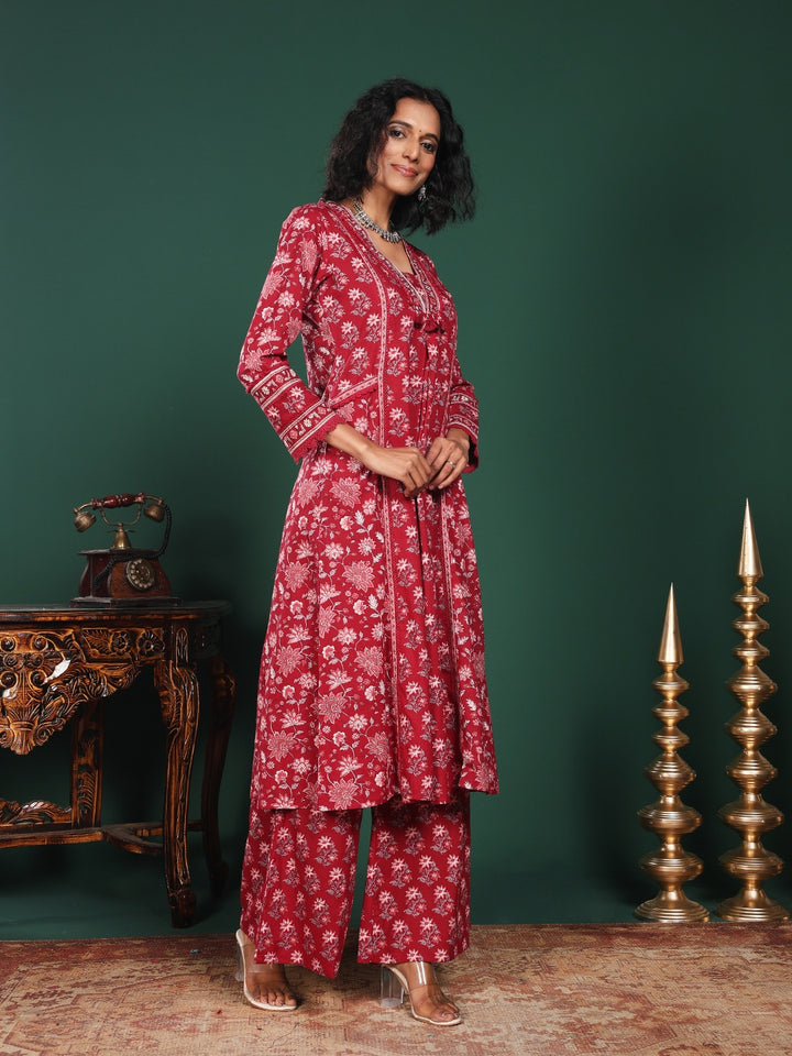 Maroon Cotton Blend Printed Straight Suit Set