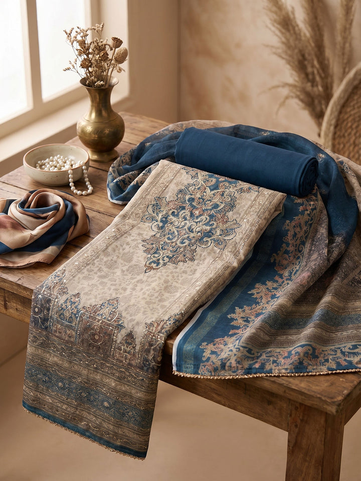 Neck Embroidered Chanderi Unstitched Suit With Dupatta