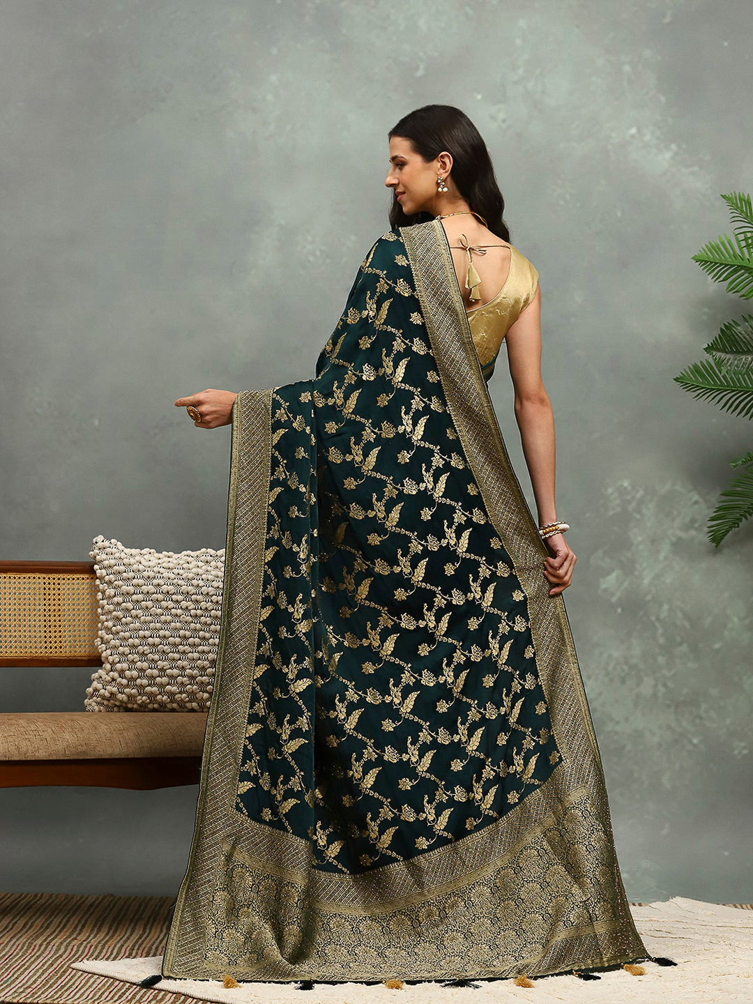 Stone Work Satin Embroidery Saree