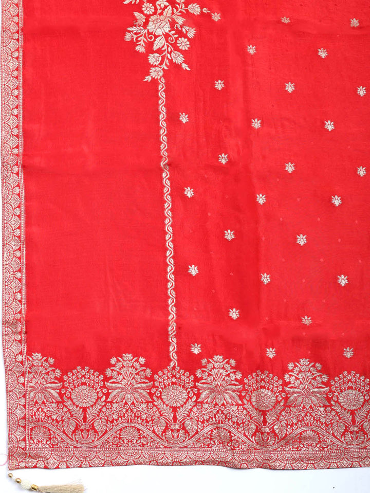 Embroidered Chanderi Unstitched Suit With Pant &amp; Dupatta