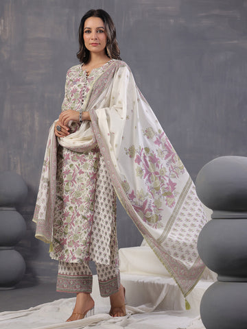 Floral Print Cotton Kurta With Pants & Dupatta