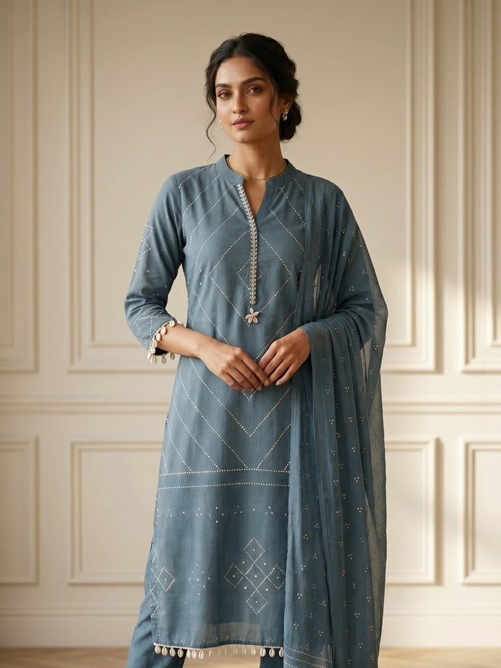 Blue Embroidered Cotton Blend Straight V Neck Suit Set