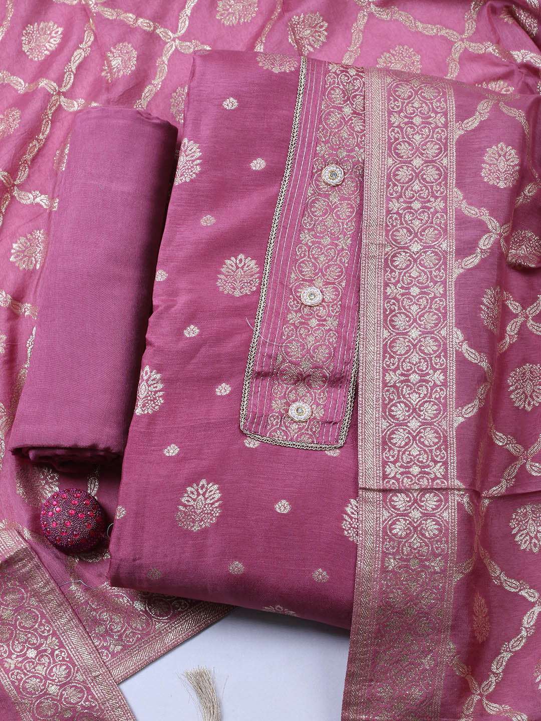Embroidered Chanderi Unstitched Suit With Pant &amp; Dupatta