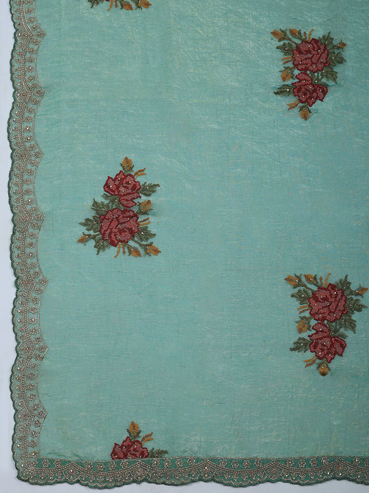 Embroidered Tissue Unstitched Suit With Pant &amp; Dupatta