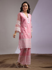 Lace Neck Cotton Blend Kurta With Pants