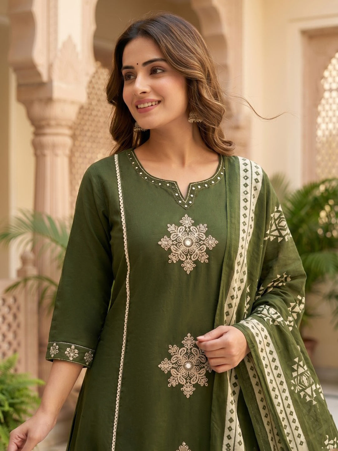 Neck Embroidered Cotton Blend Kurta With Pant &amp; Dupatta