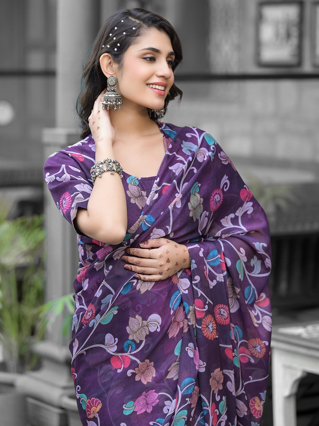 Printed Georgette Readymade Saree With Stitched Blouse