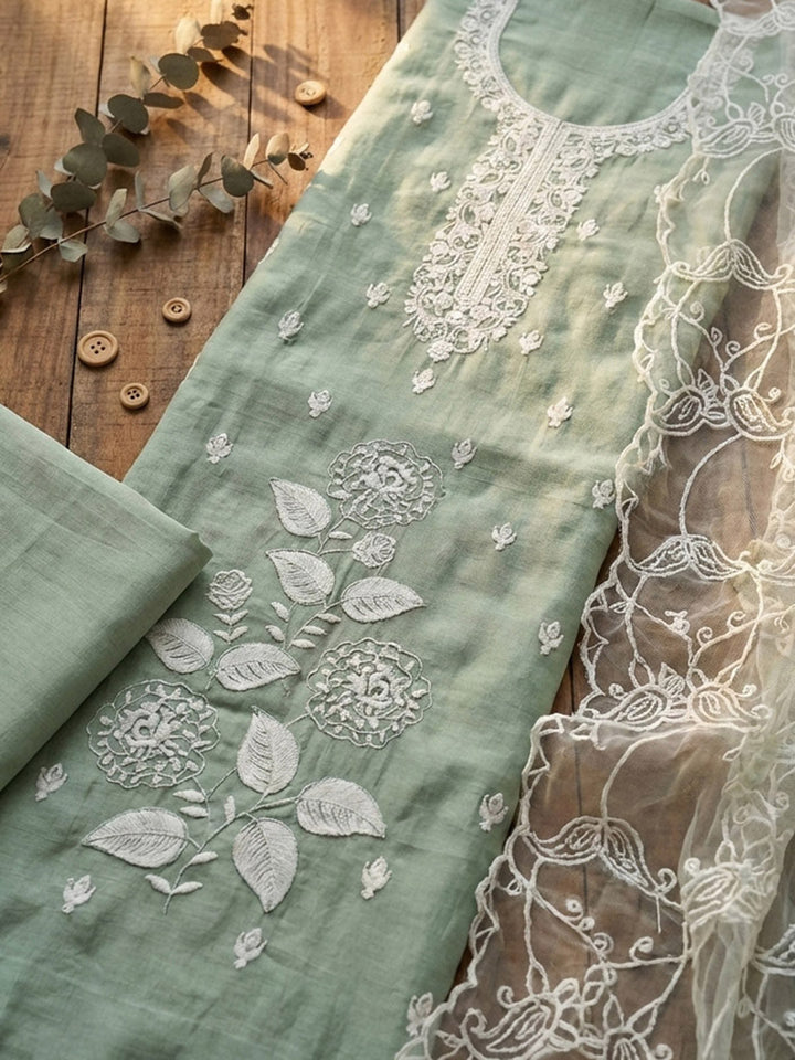 Printed Cotton Blend Unstitched Suit With Pant &amp; Dupatta