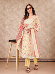 Neck Embroidery Cotton Blend Kurta With Pants & Dupatta