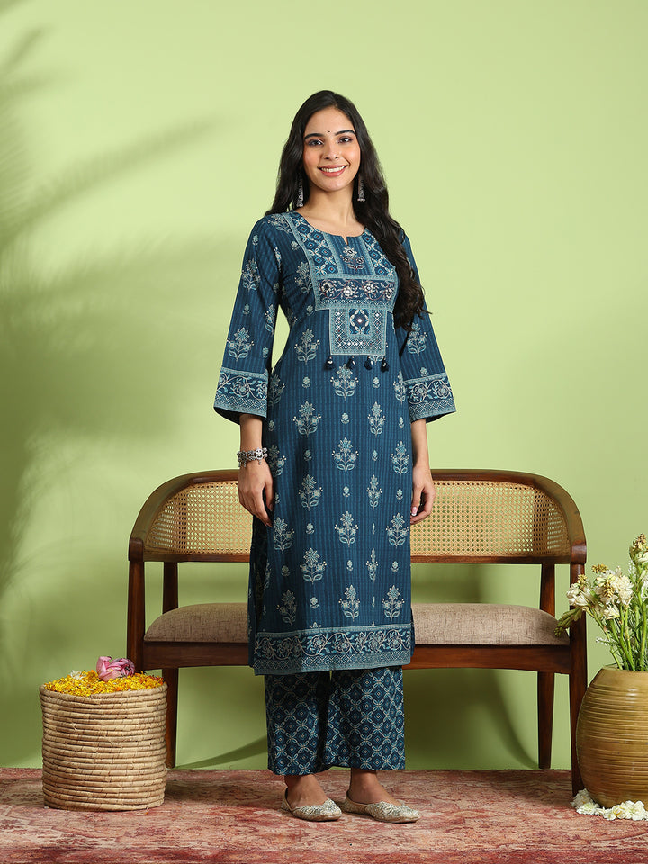 Blue Cotton Blend Printed A Line Suit Set