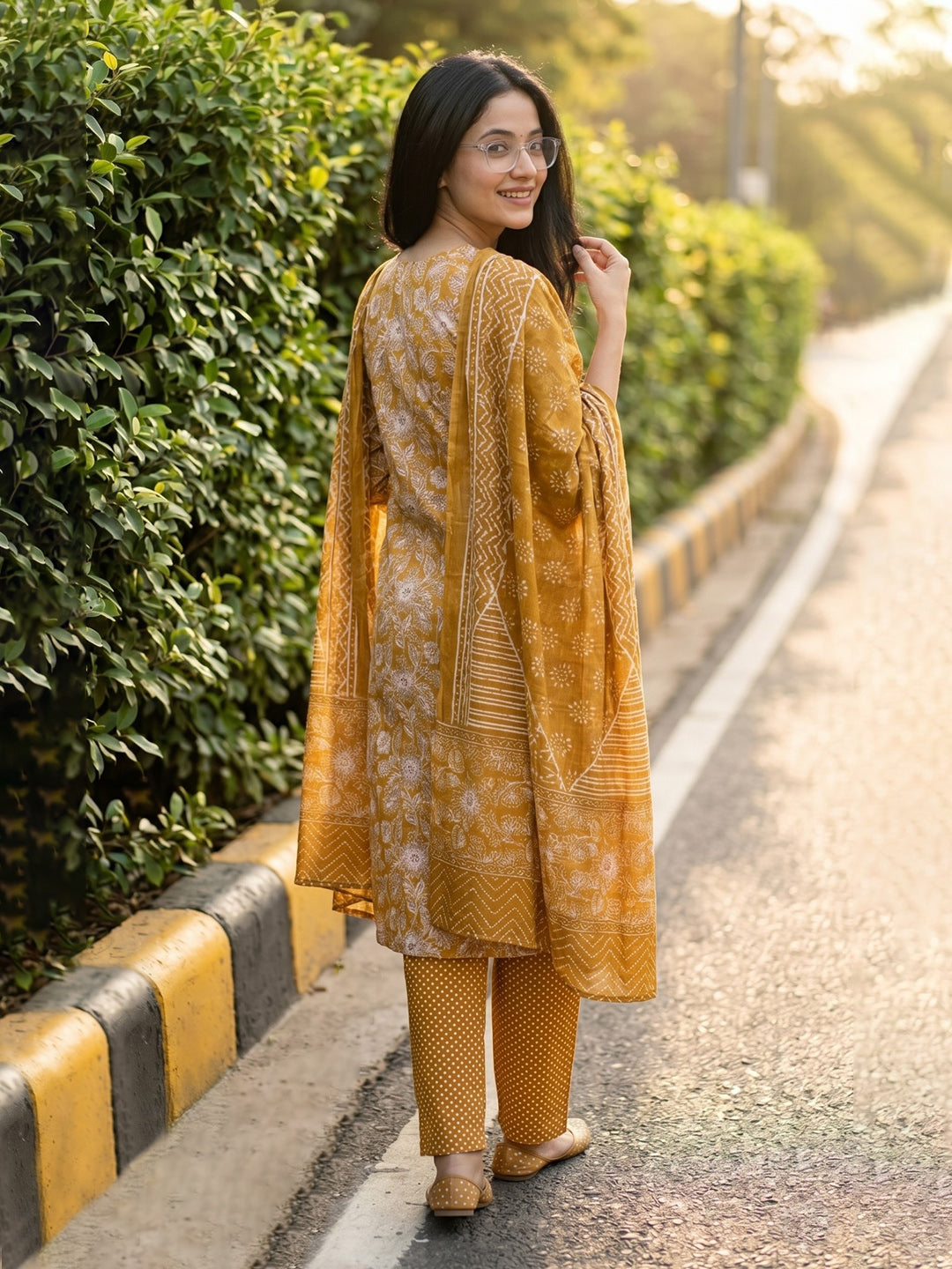 Yellow Printed Cotton Blend Straight V Neck Suit Set