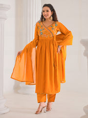 Neck Embroidery Cotton Blend Kurta With Pants & Dupatta