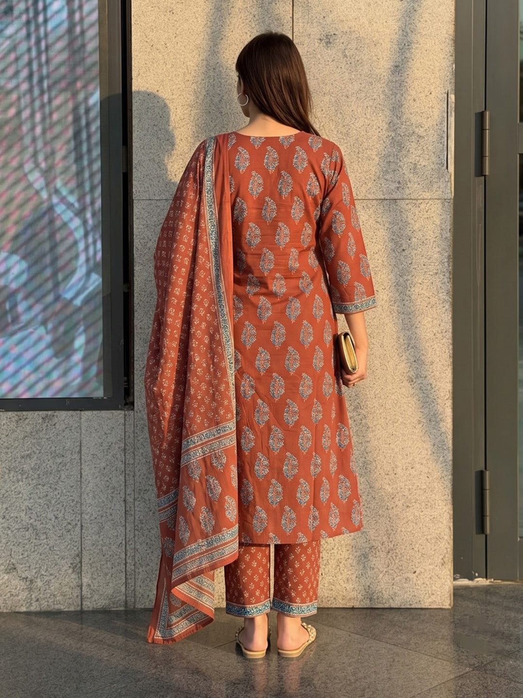 Red Printed Cotton Blend Kurta With Pant &amp; Dupatta