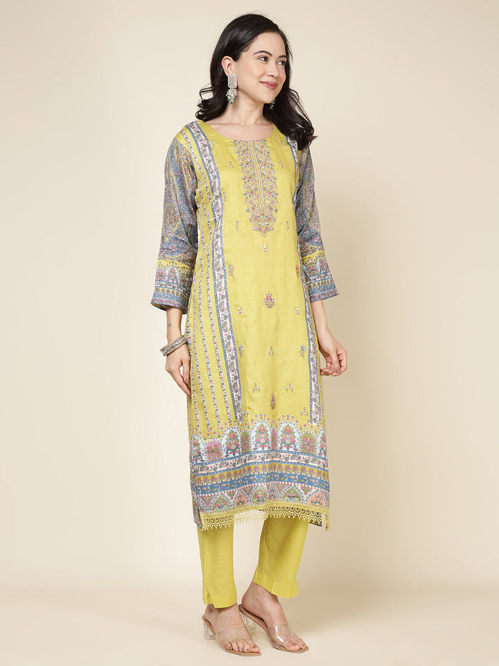 Printed Cotton Blend Kurta With Pants &amp; Dupatta