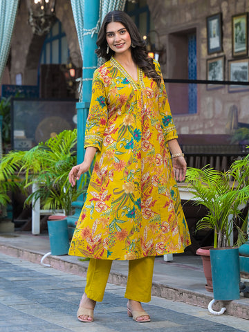 Digital Printed Cotton Blend Kurta With Pants & Dupatta