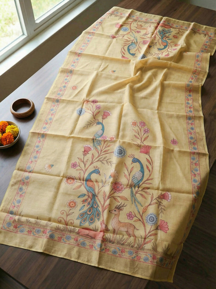Printed Linen Blend Unstitched Suit With Pant &amp; Dupatta