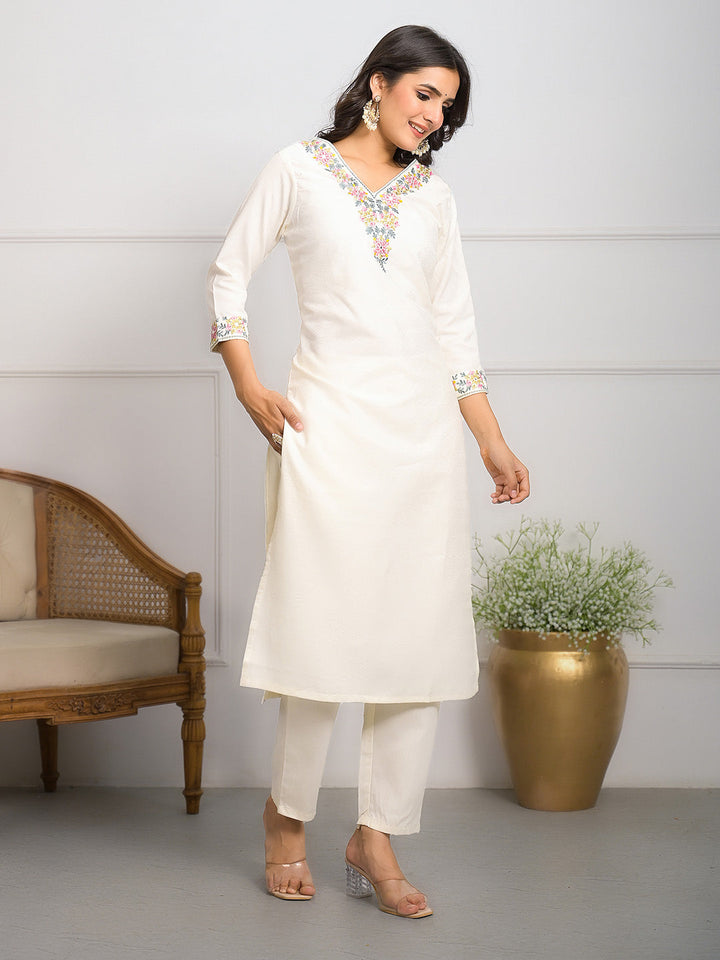 Neck Embroidered Cotton Blend Kurta With Pants &amp; Dupatta