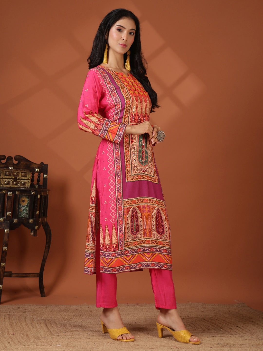 Floral Printed Art Silk Kurta With Pant &amp; Dupatta