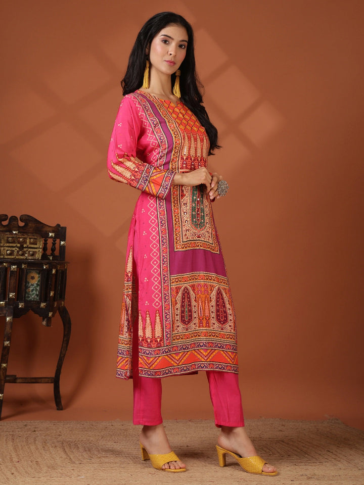 Floral Printed Art Silk Kurta With Pant &amp; Dupatta