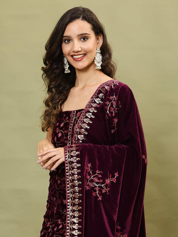 Neck Embroidered Velvet Unstitched Suit Piece With Dupatta