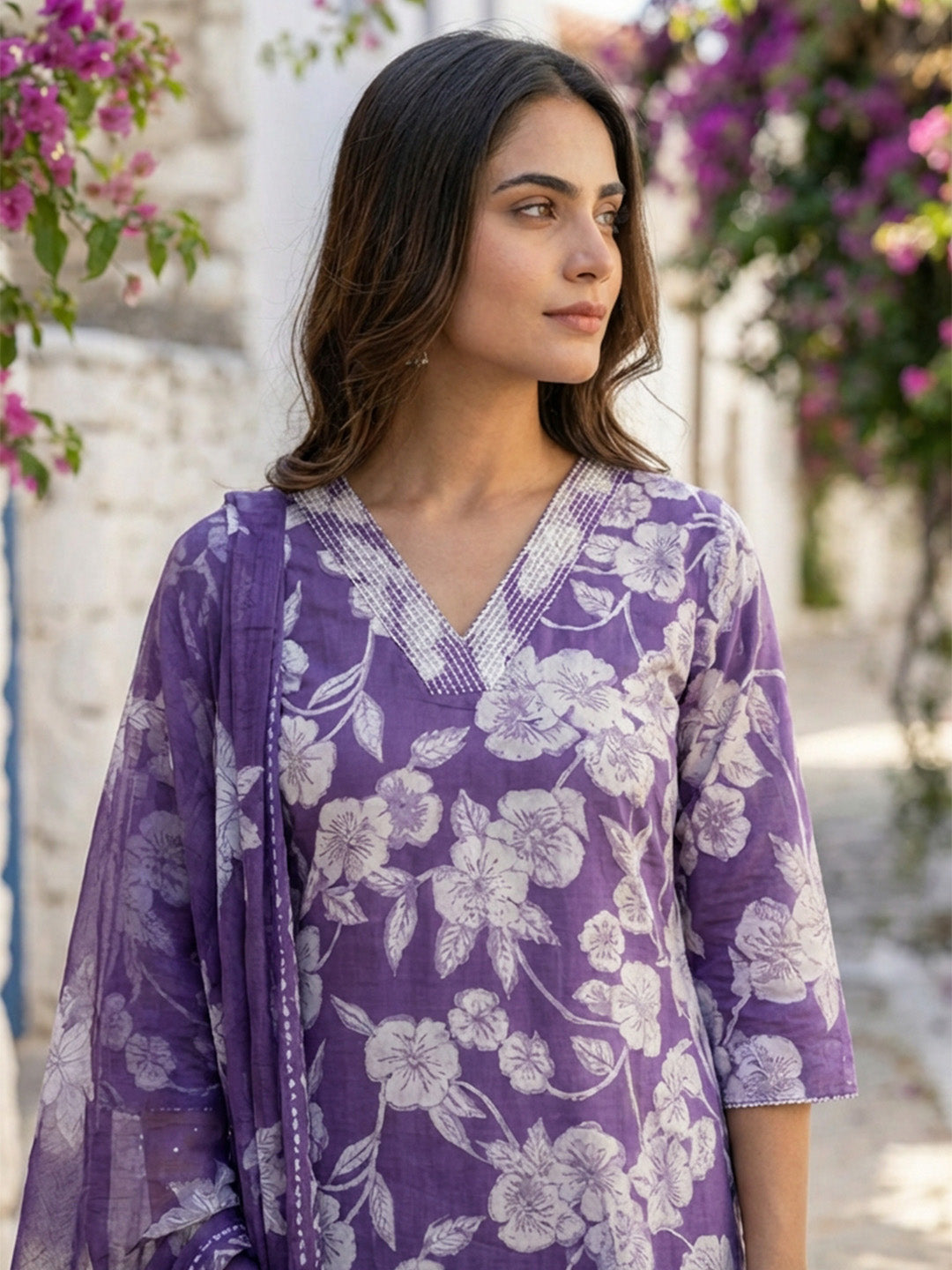 Printed Cotton Blend Suit With Pant &amp; Dupatta