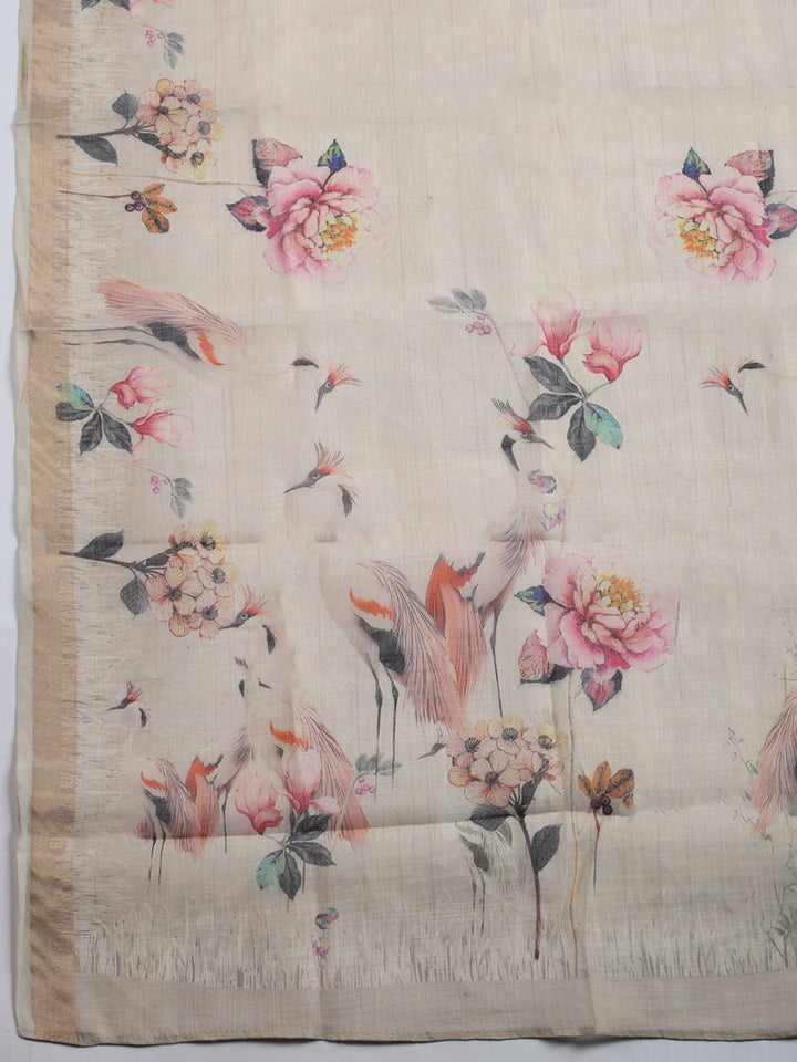 Printed, Linen Blend Unstitched Suit With Pant &amp; Dupatta
