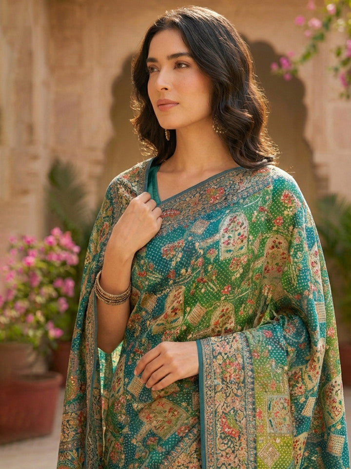 Printed &amp; Plain Georgette Saree