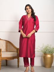 Neck Embroidered Chanderi Kurta With Pants & Dupatta