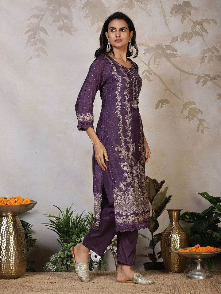 Embroidered Muslin Kurta With Pants &amp; Dupatta