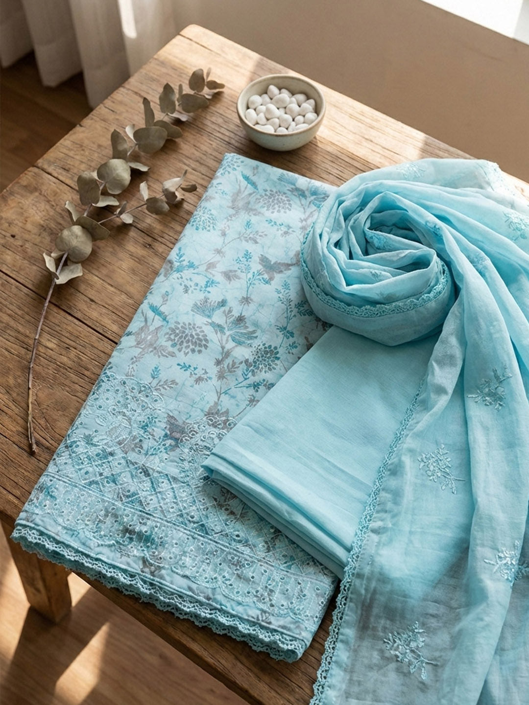 Embroidered Cotton Blend Unstitched Suit With Pant &amp; Dupatta