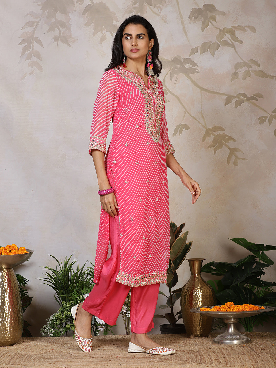 Embroidered Georgette Kurta With Pants & Dupatta