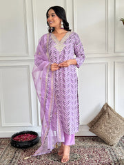 Neck Embroidery Cotton Blend Kurta With Pants & Dupatta