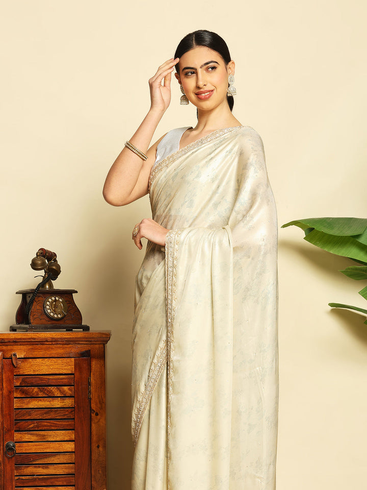 Floral Printed &amp; Embellished Work Tissue Saree