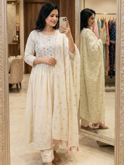 Embroidered Cotton Blend Kurta With Pant & Dupatta