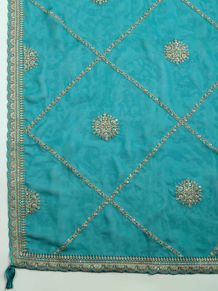 Embroidered Art Silk Unstitched Suit With Pant &amp; Dupatta