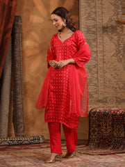 Neck Embroidered Art Silk Kurta With Pants & Dupatta