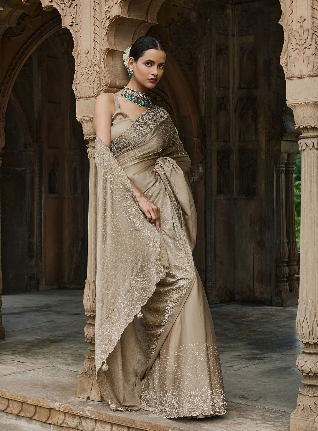 Beige Embroidered Georgette Saree