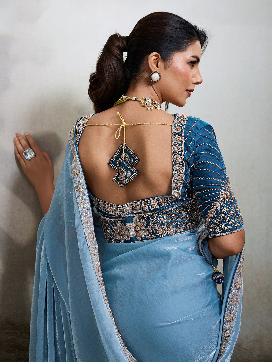 Embroidered Satin Saree With Readymade Blouse