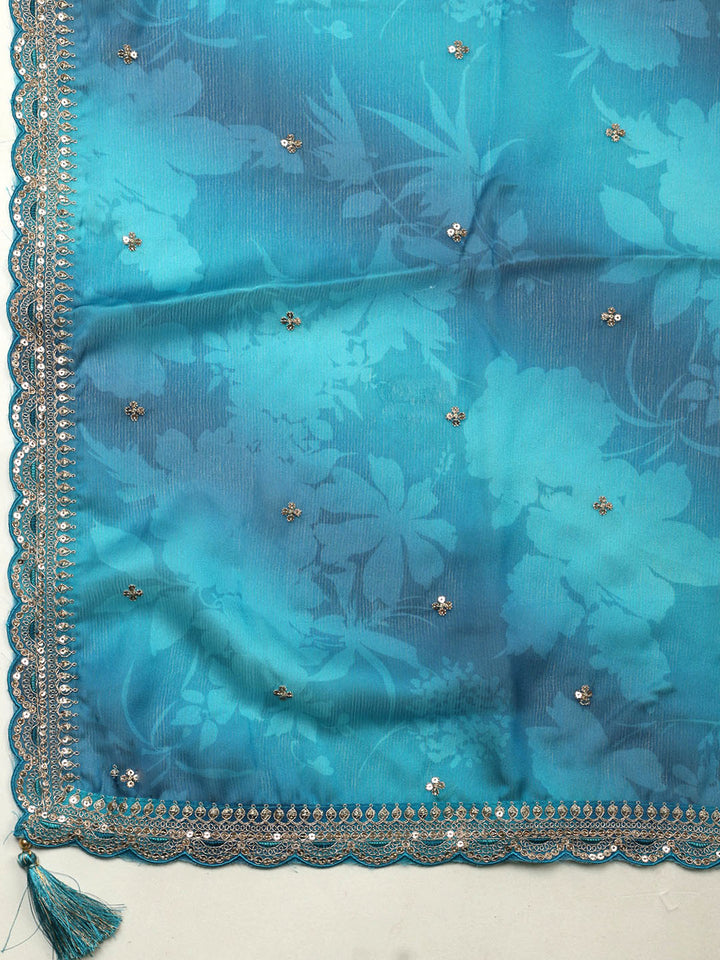 Embroidered Art Silk Unstitched Suit With Pant &amp; Dupatta