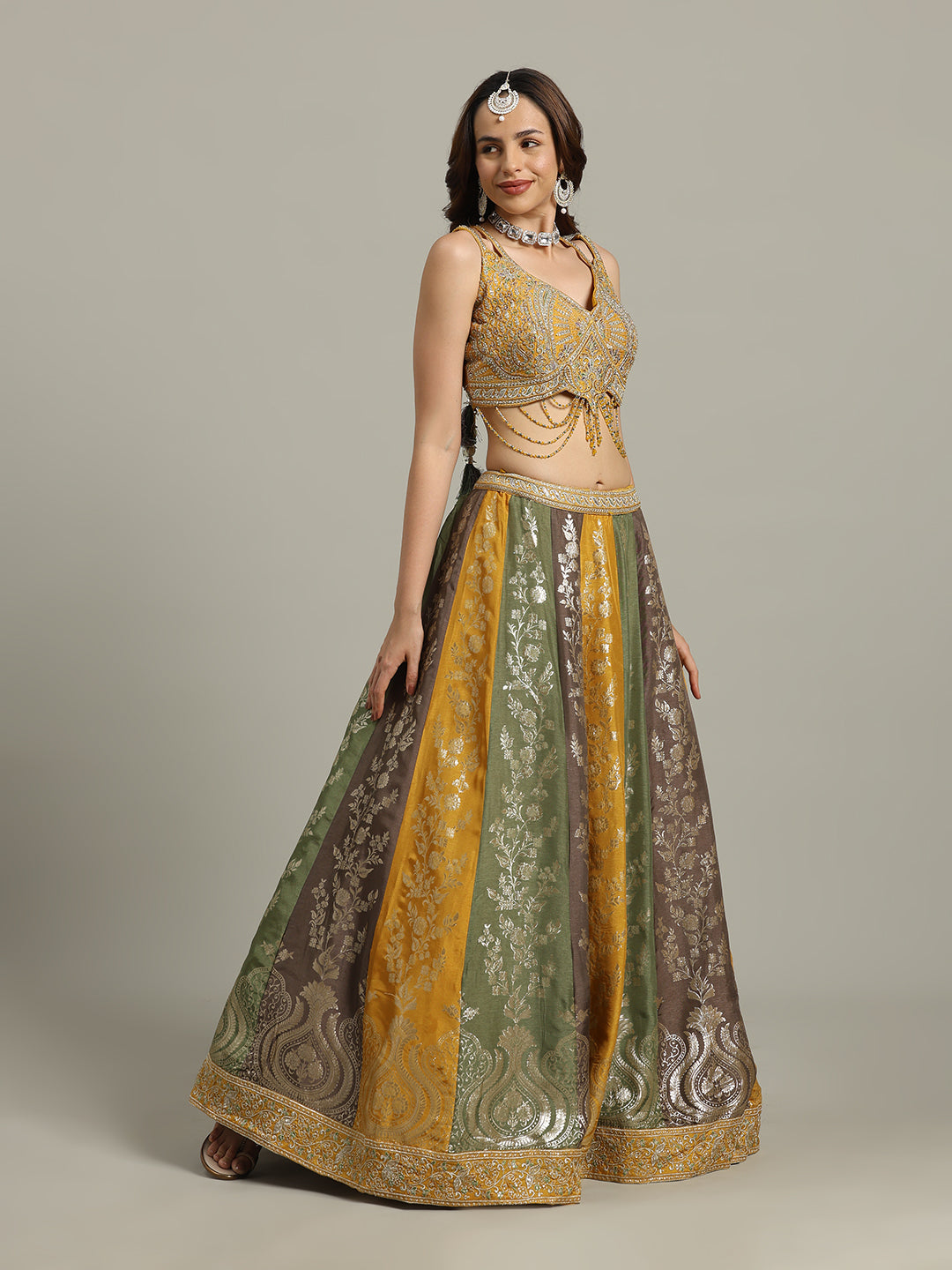 Embroidered Banarasi Choli With Lehenga &amp; Dupatta