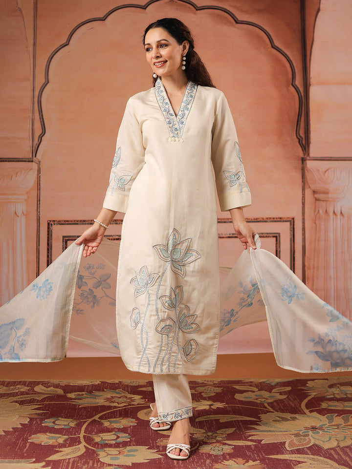 Embroidered Cotton Kurta With Pant &amp; Dupatta