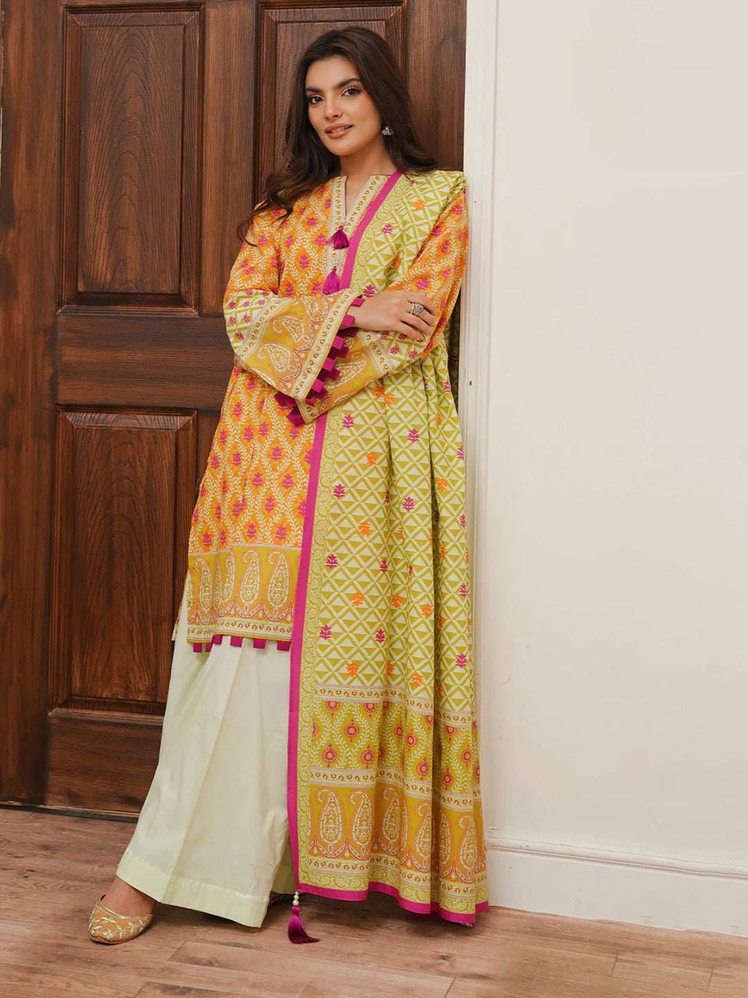 Embroidered Cotton Kaftaan With Plazzo &amp; Dupatta